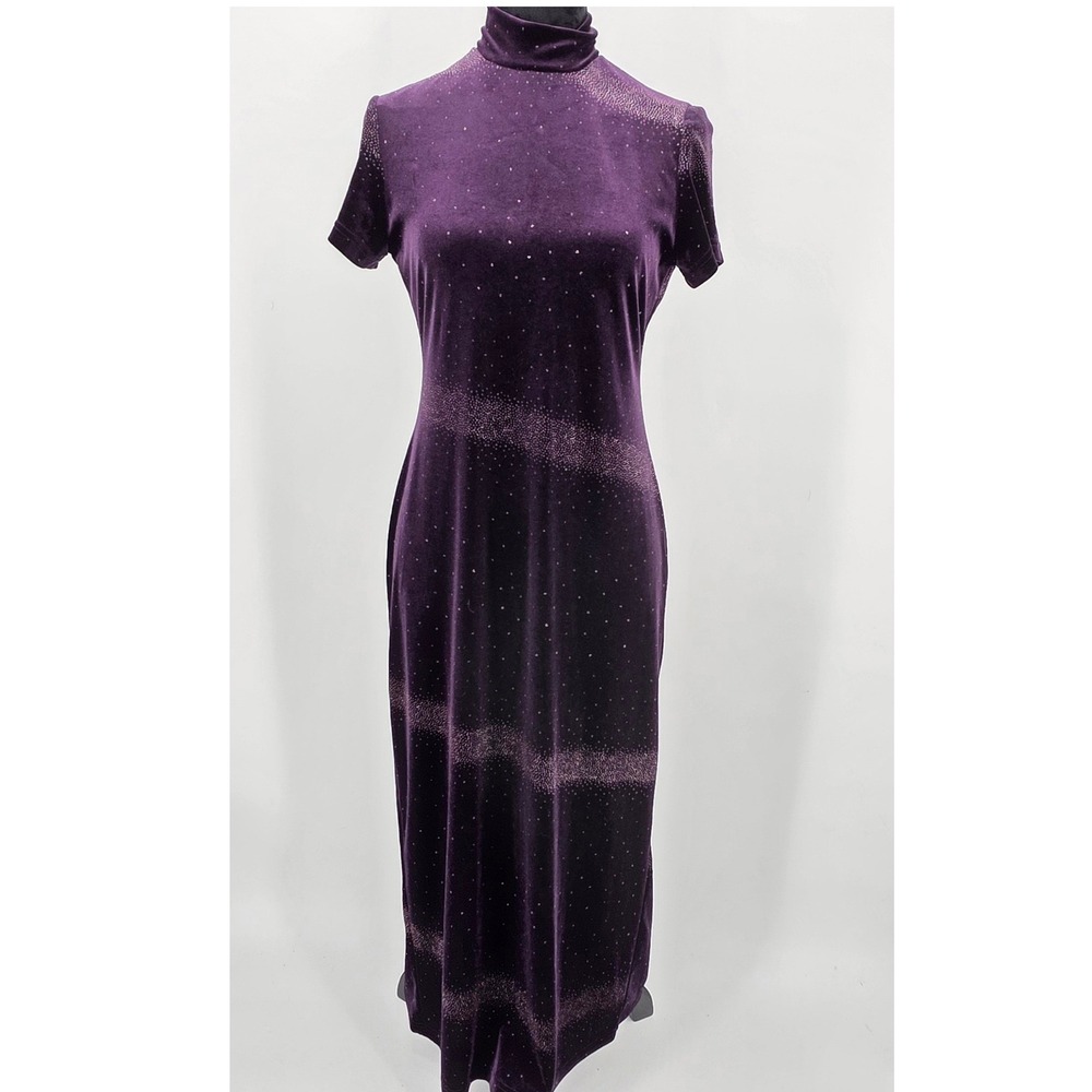 Y2K Jessica Howard Petite purple Velvet Rhinestone Mock Neck Midi Dress Size 6